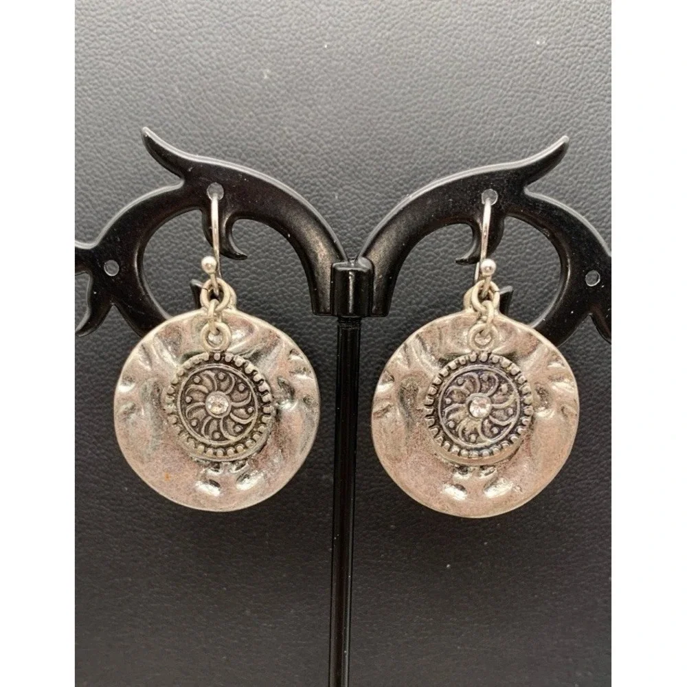 Chicos Antiqued Silver Tone And Rhinestone Medallion Dangle Boho Earrings - Picture 1 of 3